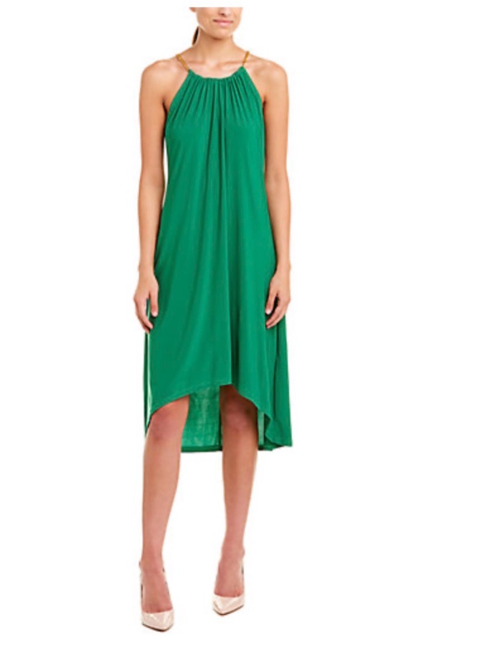 Tiana B. Emerald Halter High-Low Maxi Dress with Gold Chain Straps size M
